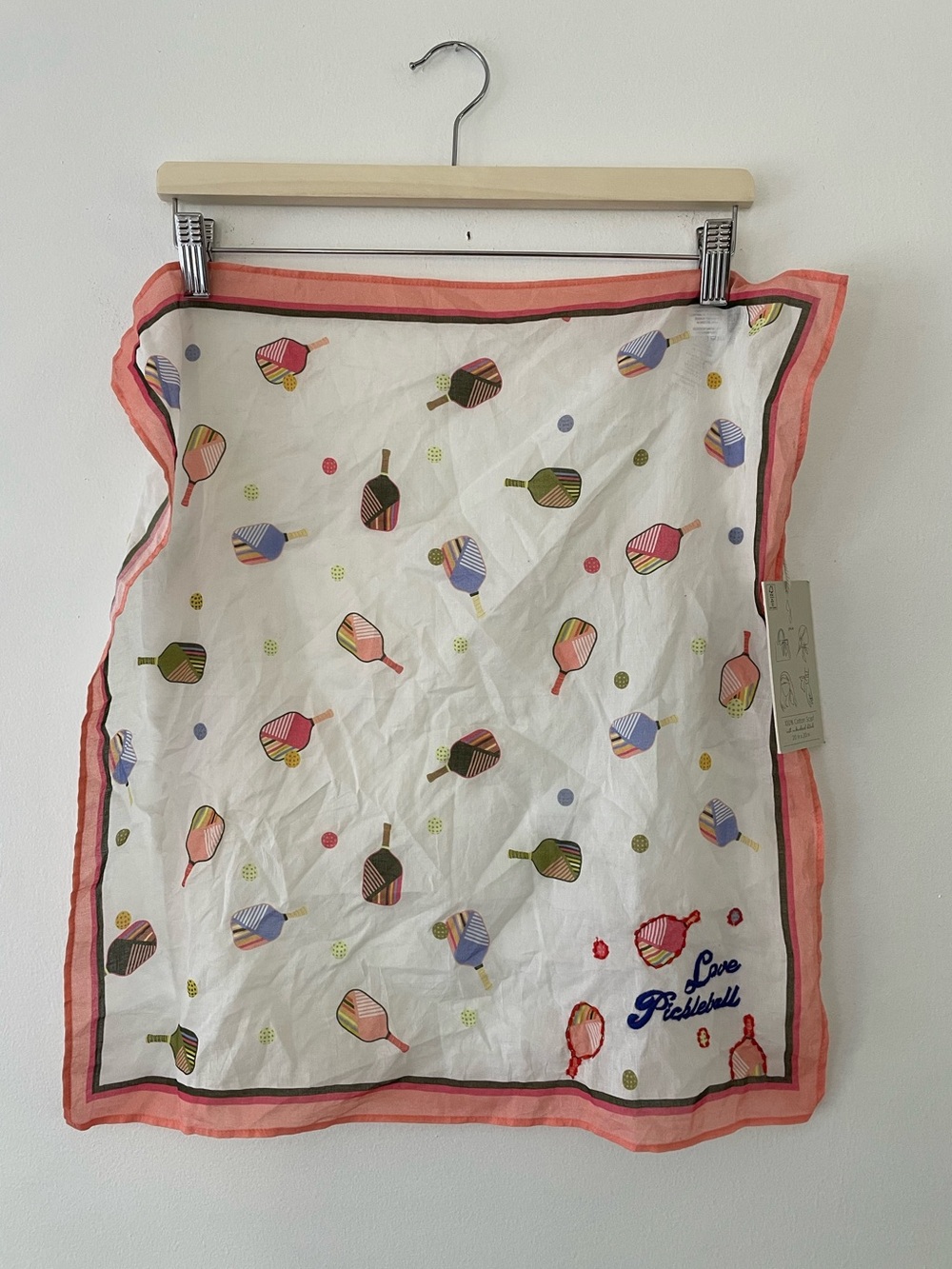 Joie Love Pickleball 100% Cotton Embroidered Square Scarf OS
